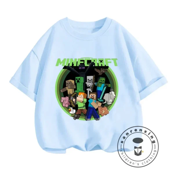 Front view of a boys short-sleeve O-neck t-shirt with a Minecraft graphic print.