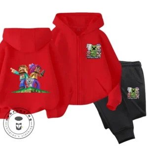 Child wearing Minecraft themed zipper hoodie and matching pants set with hood up.