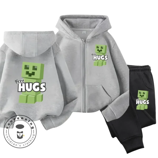 Child wearing Minecraft themed zipper hoodie and matching pants set with hood up.