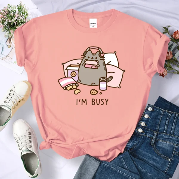 Funny 'Sorry I'm Busy' cat gamer oversized t-shirt for women.
