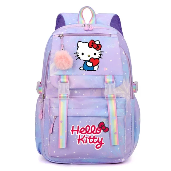 Front view of the MINISO Kuromi & Cinnamoroll backpack showing the cute character print on a large nylon bag.