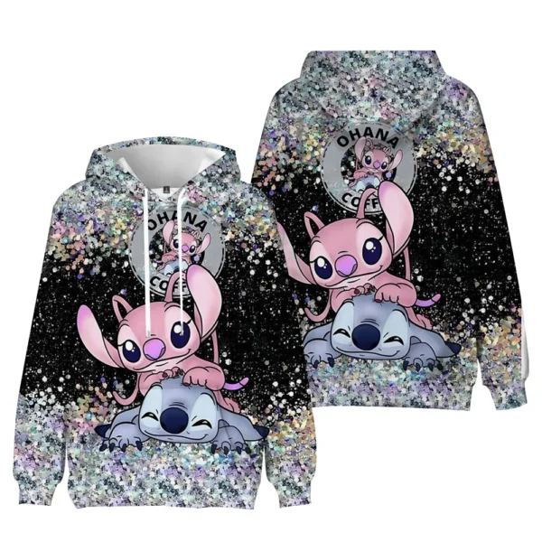 Kawaii Stitch unisex hoodie featuring a cute blue cartoon character print on a comfortable loose-fit sweatshirt.