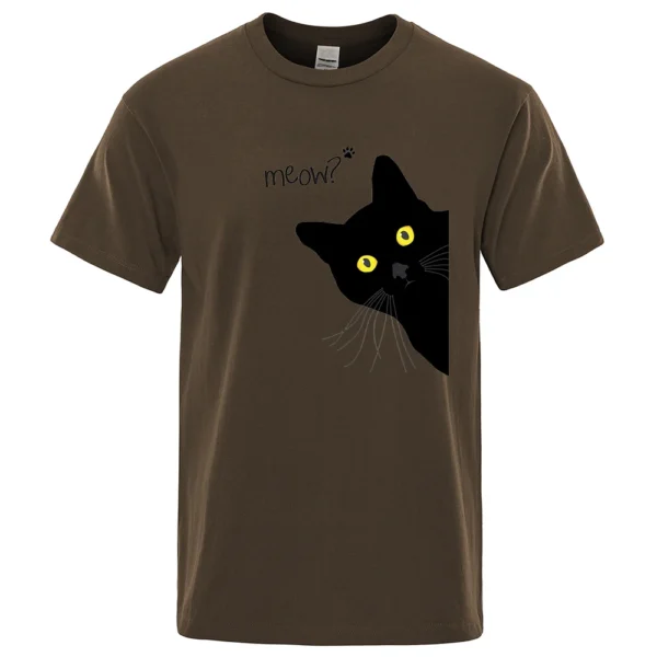 Men's oversized black cotton t-shirt with a funny cartoon black cat print and the word 'Meow'. Streetwear style.