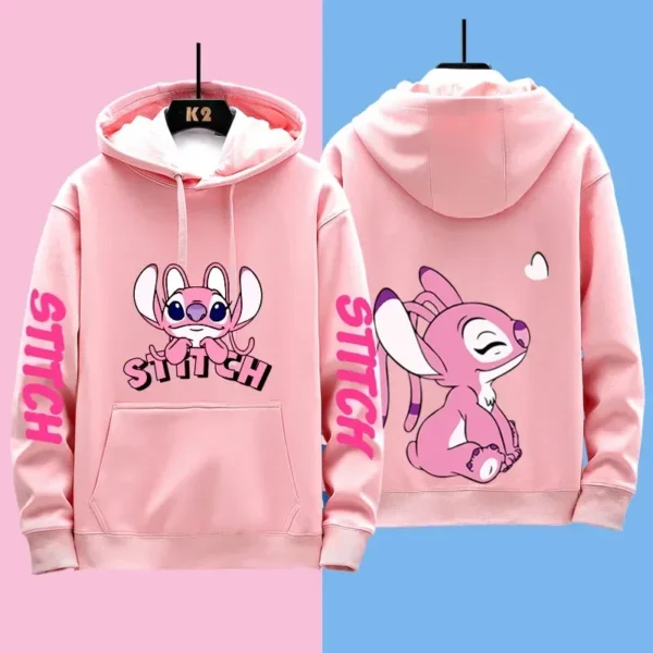 Couple wearing matching grey Disney Stitch pullover hoodies sweatshirt set - official licensed apparel.