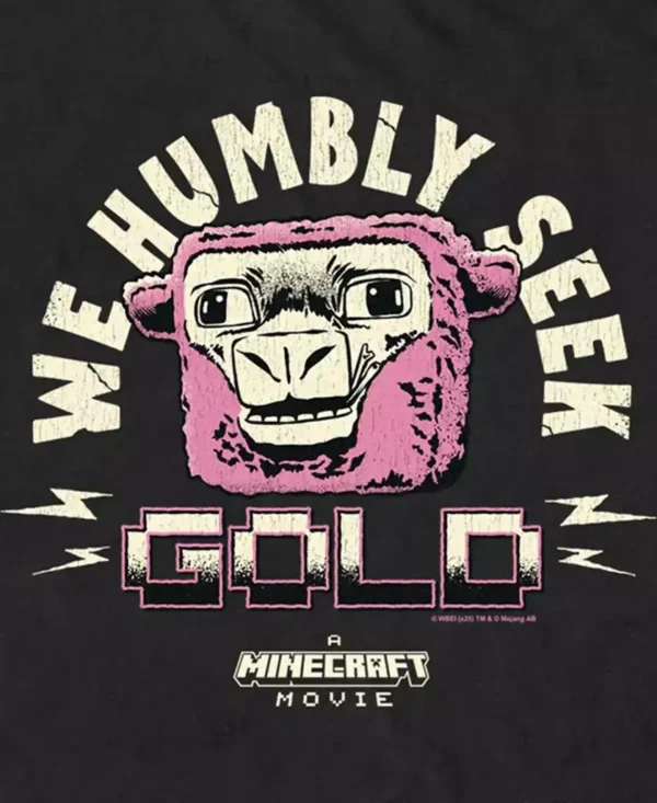 Official Fifth Sun Men's Minecraft T-Shirt with "We Humbly Seek Gold" graphic print. Short sleeve cotton tee for gamers.