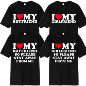 Funny couple t-shirt with 'I Love My BF/GF So Stay Away' message printed on the front.