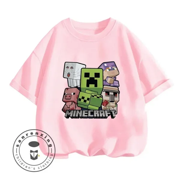 Kids Minecraft summer t-shirt featuring a colorful cartoon print inspired by the game and short sleeves.