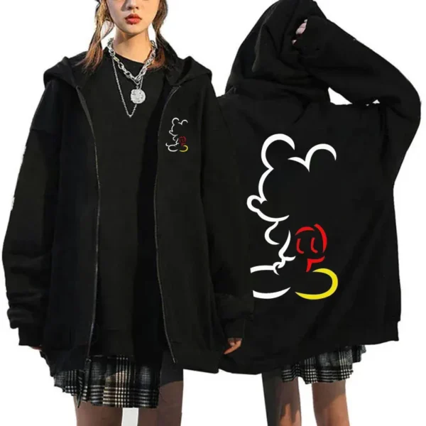 Women's fleece zipper hoodie displaying a large 3D cartoon Mickey Mouse design on the front. Loose fit