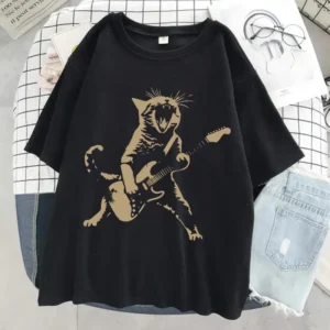 Woman wearing a funny cat playing guitar t-shirt.