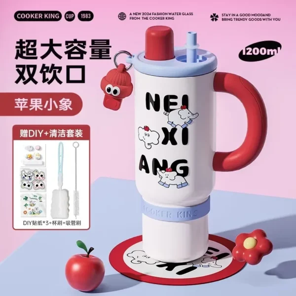 Large 1200ml silver 316 stainless steel insulated tumbler travel mug with reusable straw and secure lid.