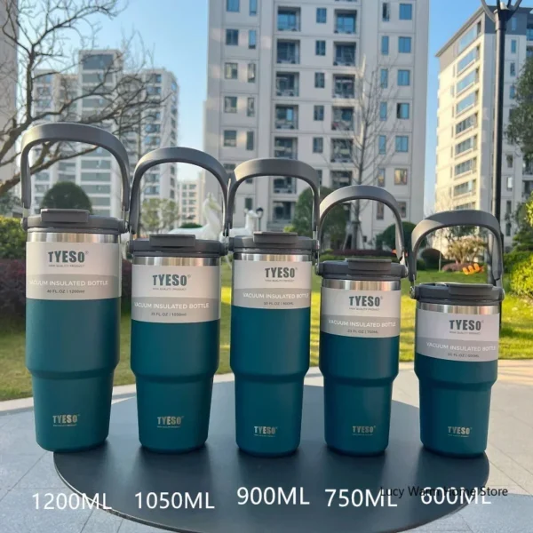 Tyeso vacuum insulated stainless steel travel mug for hot and cold drinks.