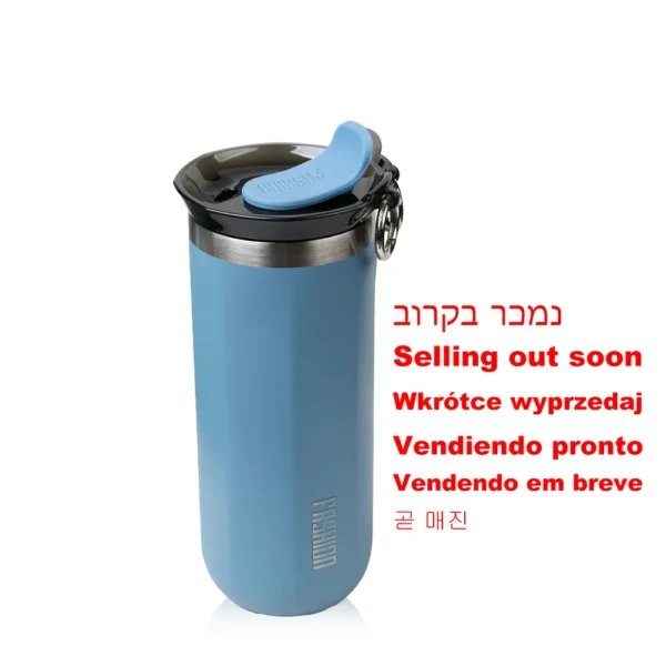 Stainless steel insulated travel mug with leakproof lid for coffee or water.