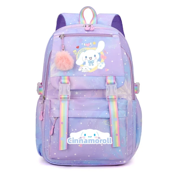 Front view of the MINISO Kuromi & Cinnamoroll backpack showing the cute character print on a large nylon bag.