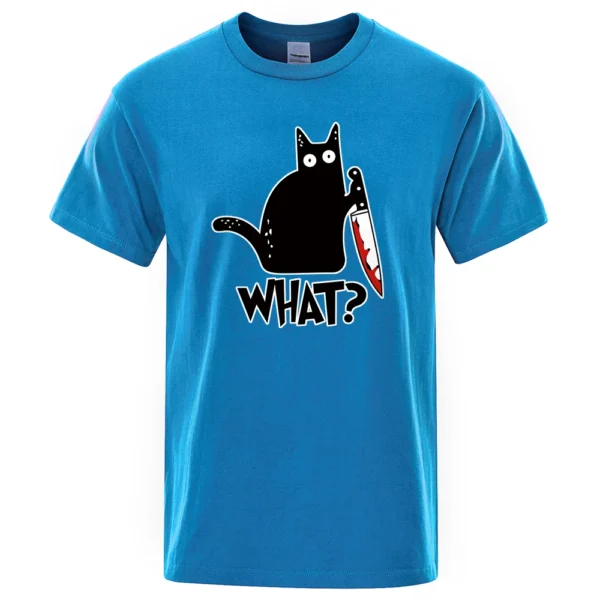 Men's black cotton t-shirt displaying a funny cartoon graphic of a white cat holding a small knife.
