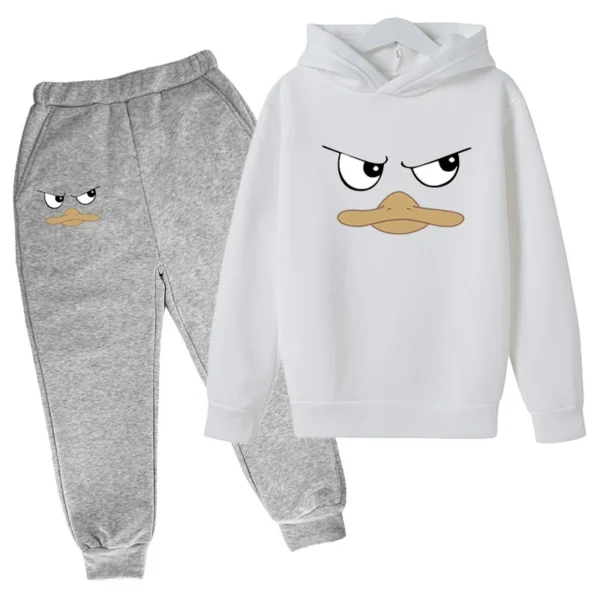 Kids unisex duck face print hoodie and pants tracksuit set for spring autumn wear ages 2-13.