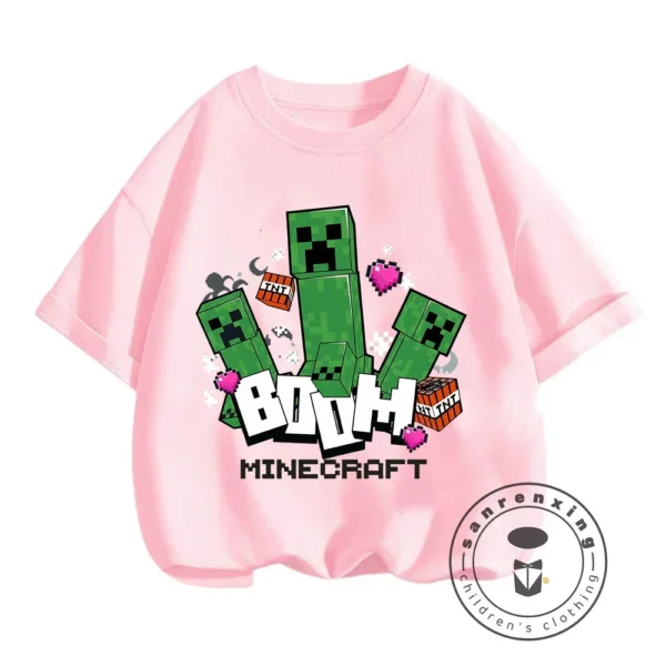 Young boy wearing a blue short-sleeve t-shirt with a large colourful graphic of the Minecraft character CatNap on the front.