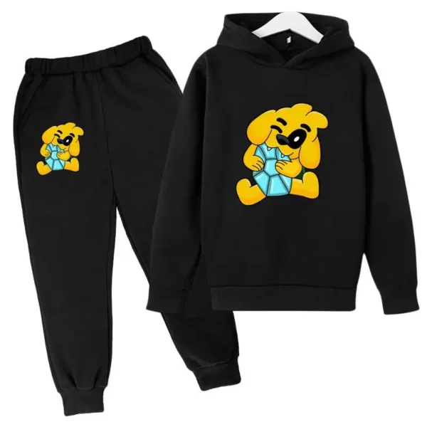Kids tracksuit set with cute dog print on grey pullover hoodie and matching pants for boys and girls (ages 2-13).