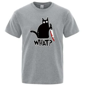 Men's black cotton t-shirt displaying a funny cartoon graphic of a white cat holding a small knife.