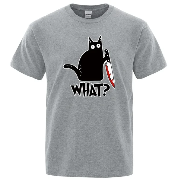 Men's black cotton t-shirt displaying a funny cartoon graphic of a white cat holding a small knife.
