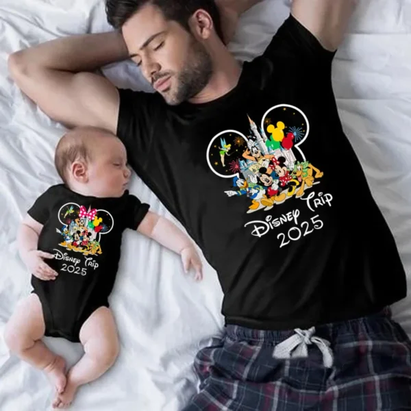 Family in matching funny Mickey and Minnie shirts designed for a 2025 Disney vacation.