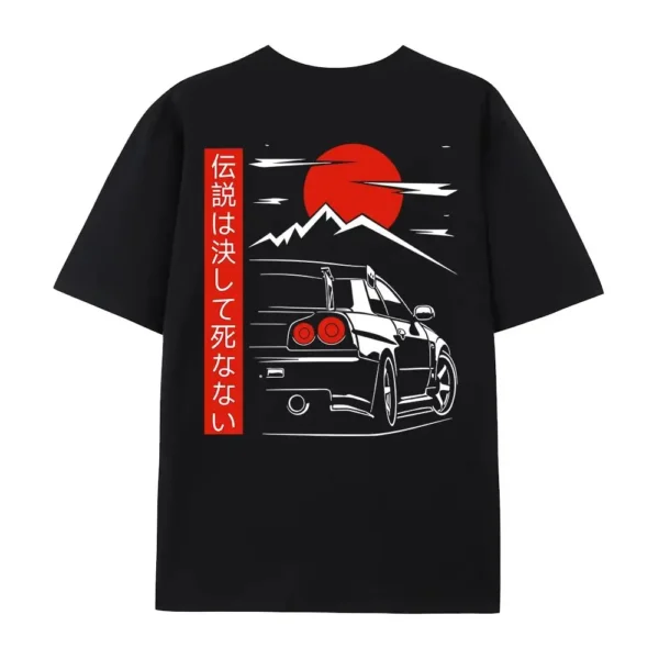 Back view of man wearing black GTR R34 JDM graphic t-shirt showcasing Japanese car culture design.