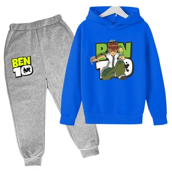Ben 10 kids cartoon print tracksuit set with pullover hoodie and pants for boys and girls aged 2-13.