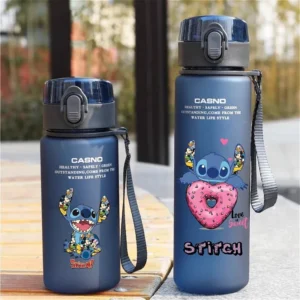Large 1000ML clear plastic water bottle with blue Stitch and pink Angel Lilo & Stitch cartoon characters design. Portable drink cup.