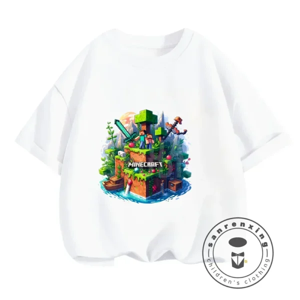 Front view of a boys short-sleeve O-neck t-shirt with a Minecraft graphic print.