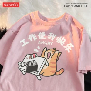 Woman wearing a funny "Work Makes Me Happy" cat t-shirt.