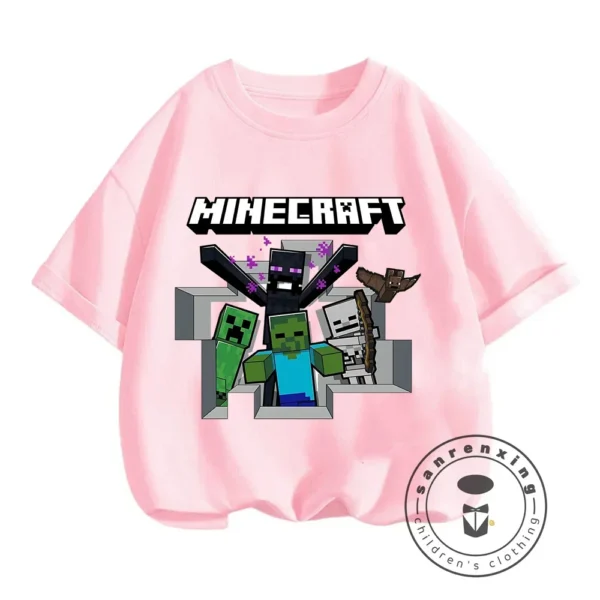 Young boy wearing a blue short-sleeve t-shirt with a large colourful graphic of the Minecraft character CatNap on the front.