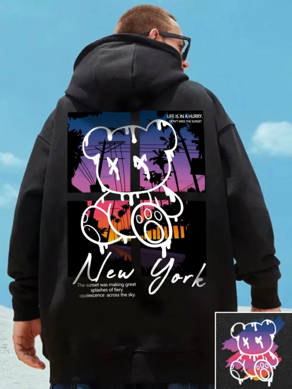 Men's black streetwear hoodie featuring a graphic print of a cool cartoon bear on the front. Pullover style with kangaroo pocket.