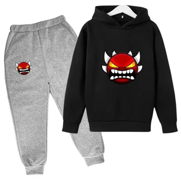 Kids cartoon geometric print pullover hoodie and matching pants tracksuit set for boys and girls.