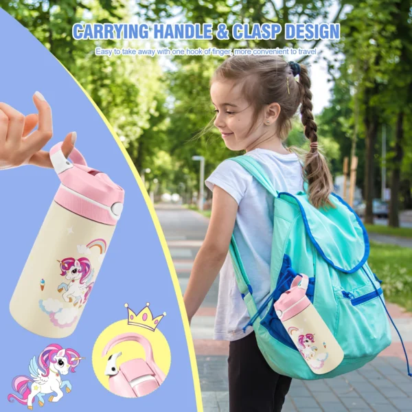 Pink and white unicorn kids insulated stainless steel water bottle 400ML BPA-free.