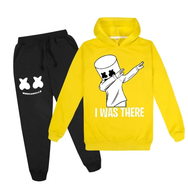 Unisex kids tracksuit featuring white DJ Marshmello graphic hoodie and matching pants displayed on a neutral background.