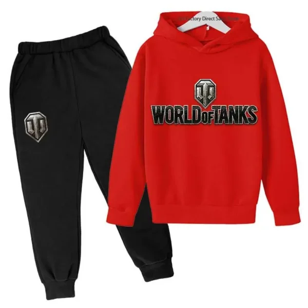 Kid wearing World of Tanks gaming tracksuit set with pullover hoodie and matching joggers - suitable for boys and girls.