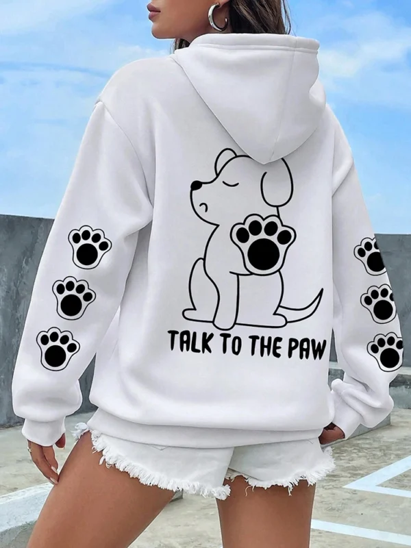 Grey pullover hoodie with warm fleece lining featuring a funny cartoon dog print that says "Talk To The Paw".