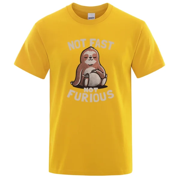 Oversized white cotton t-shirt for men featuring a funny kawaii sloth print and the text "Not Fast Not Furious". ```