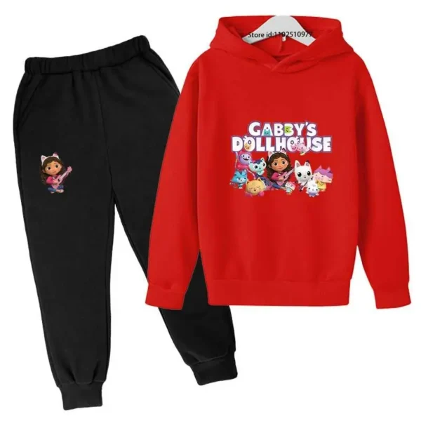 Gabby's Dollhouse kids tracksuit with colourful cartoon print hoodie and matching jogger pants for boys and girls ages 3-13.