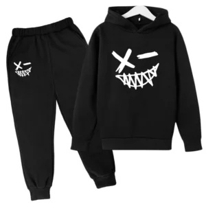 Child wearing cool 'Evil Smile' graphic print hooded top and shorts summer clothing set.