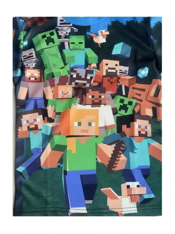 Child's Minecraft t-shirt featuring colorful cartoon building block graphics