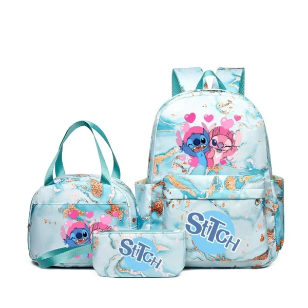 Stitch print 3-piece backpack set with matching tote bag and pencil pouch displayed together against a neutral background.