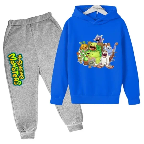 Kids My Singing Monsters tracksuit set featuring character print hoodie and matching pants for boys and girls ages 3-14. ```