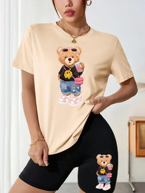 Women's bear & milk tea print t-shirt and shorts set - cute summer two piece outfit