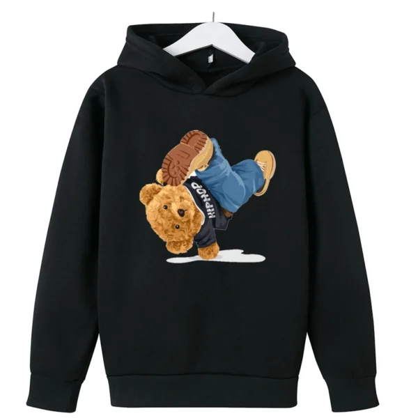 Child wearing fun cartoon bear print hooded tracksuit set with matching pants