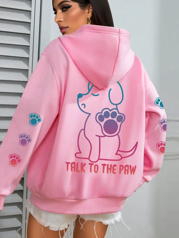 Grey fleece pullover hoodie for women with funny 'Talks To The Paw' dog print.