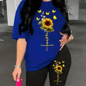 Woman modeling sunflower butterfly print two piece set with short sleeve knit t-shirt and regular fit shorts.