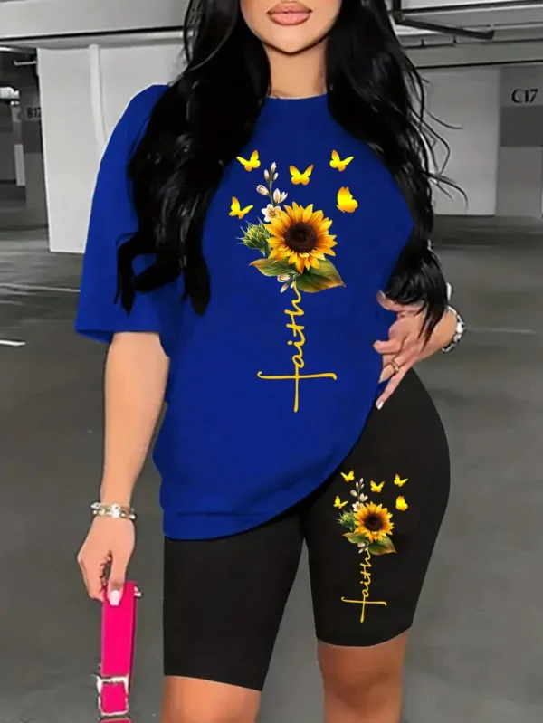 Woman modeling sunflower butterfly print two piece set with short sleeve knit t-shirt and regular fit shorts.