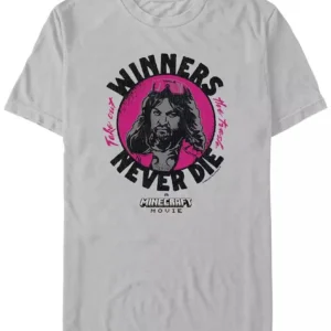 Fifth Sun Men's black cotton T-Shirt with Minecraft Movie 'Winners Never Die' text graphic print on the front.