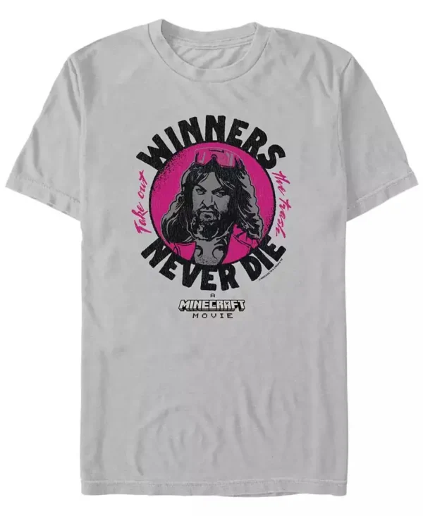 Fifth Sun Men's black cotton T-Shirt with Minecraft Movie 'Winners Never Die' text graphic print on the front.