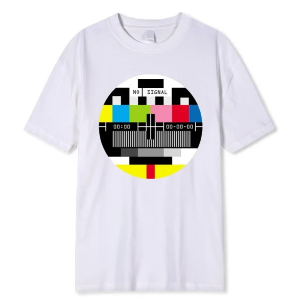 Men's oversize black cotton t-shirt featuring a white geometric 'No Signal' screen print graphic on the chest.